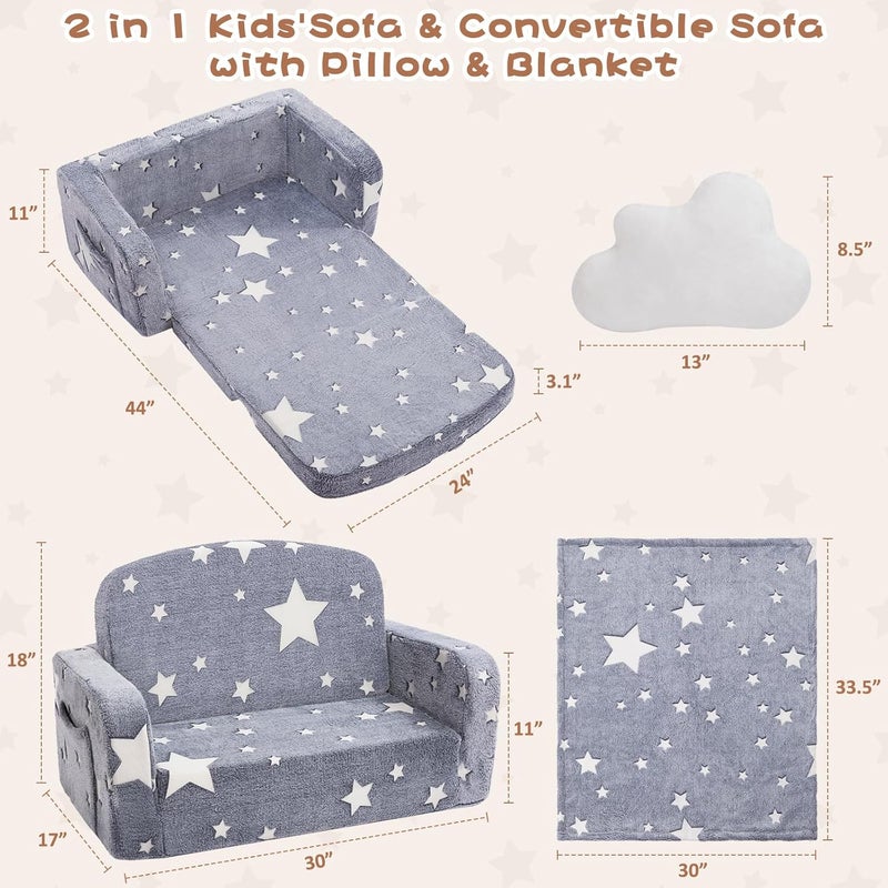 Foryoomi Extra Wide Kids Couch, 2-in-1 Soft Couch with Blanket, Glow in The Dark, Comfy Chair with Cloud Pillow, Convertible Sofa, Star - Image 2